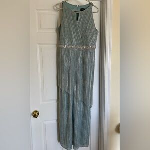 Silver and Light Blue Shimmer Dress with Ruffles and Silver Belt Size 12P